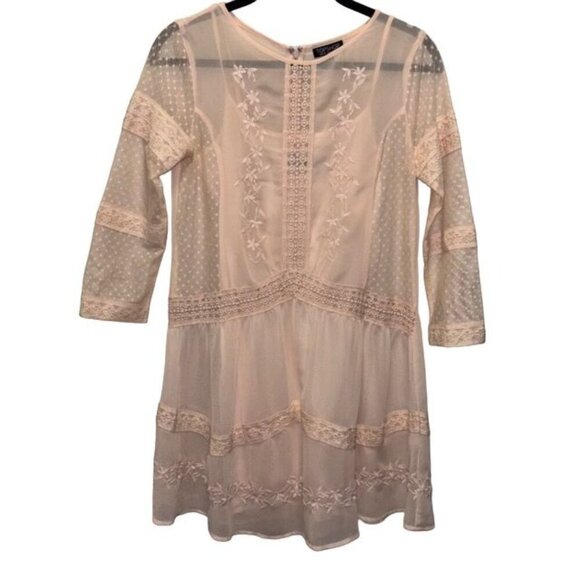 Topshop Dresses & Skirts - Topshop Sheer Lace Embroidered Babydoll Dress With 3/4 Sleeves Size 4 Ligth Pink